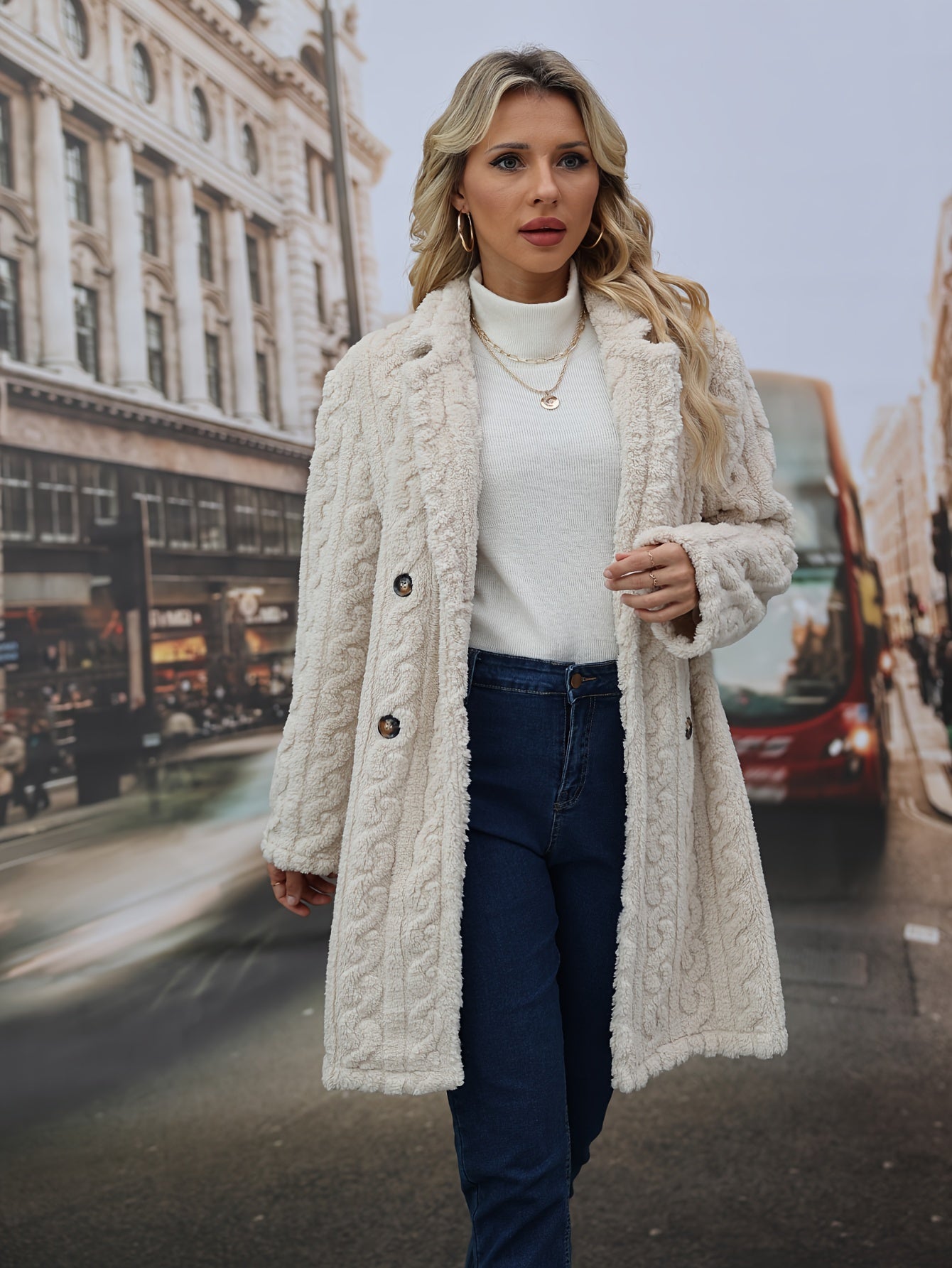 Textured Double-Breasted Lapel Fuzzy Coat – Elegant Long Sleeve Warm Outerwear for Fall & Winter, Women's Clothing
