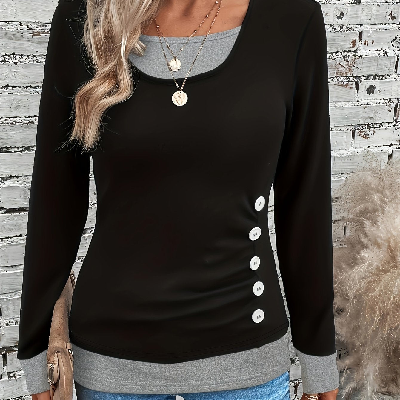 Elegant Square Neck Long Sleeve T-Shirt for Women - Solid Color Knit Fabric Top with Fake Buttons, Polyester & Spandex Blend, Regular Length for Fall/Winte