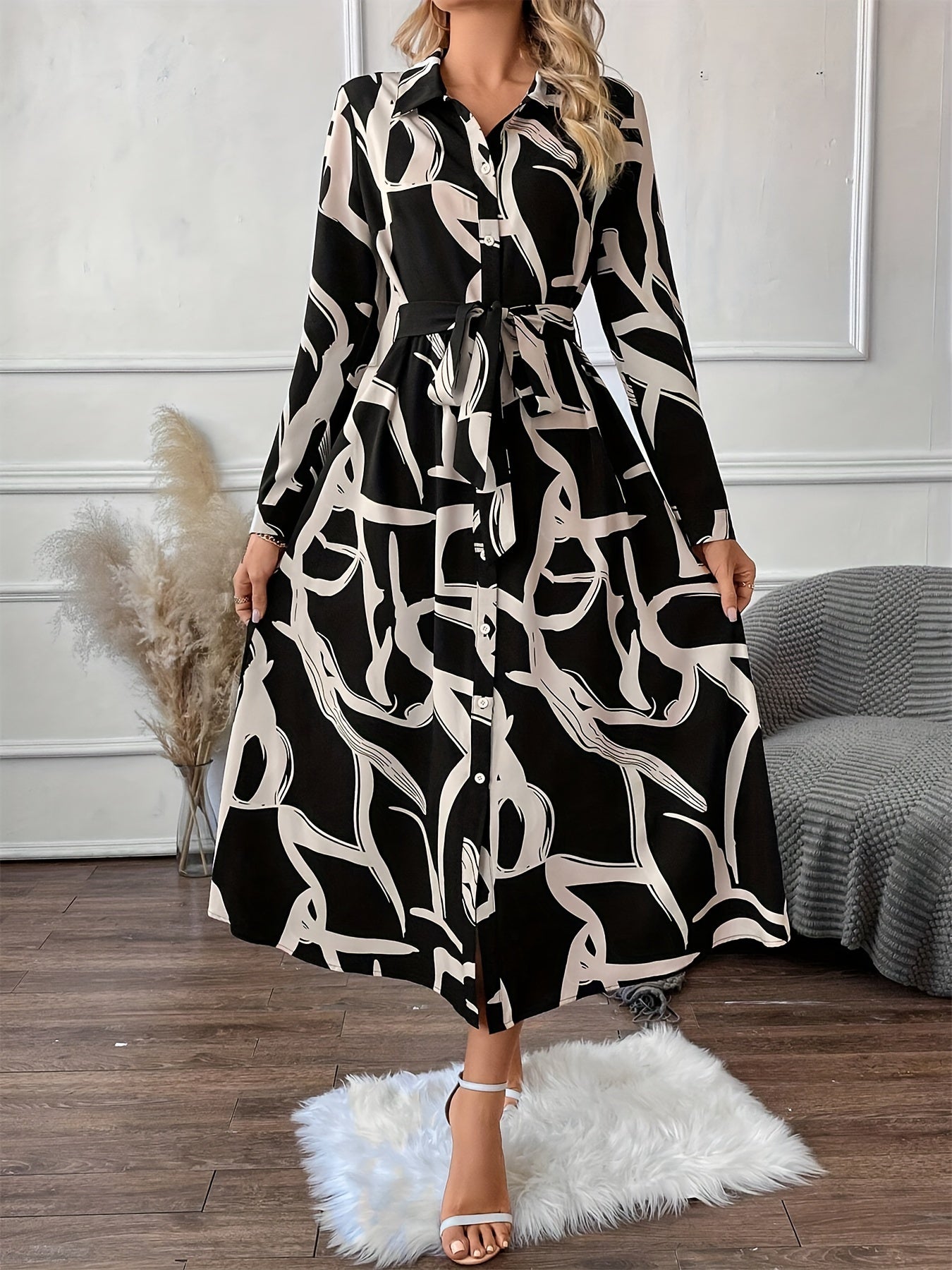Women's Casual Printed Midi Dress with Belt – Long Sleeve Polo Collar, Loose Fit, Straight Hem, Perfect for Spring and Fall