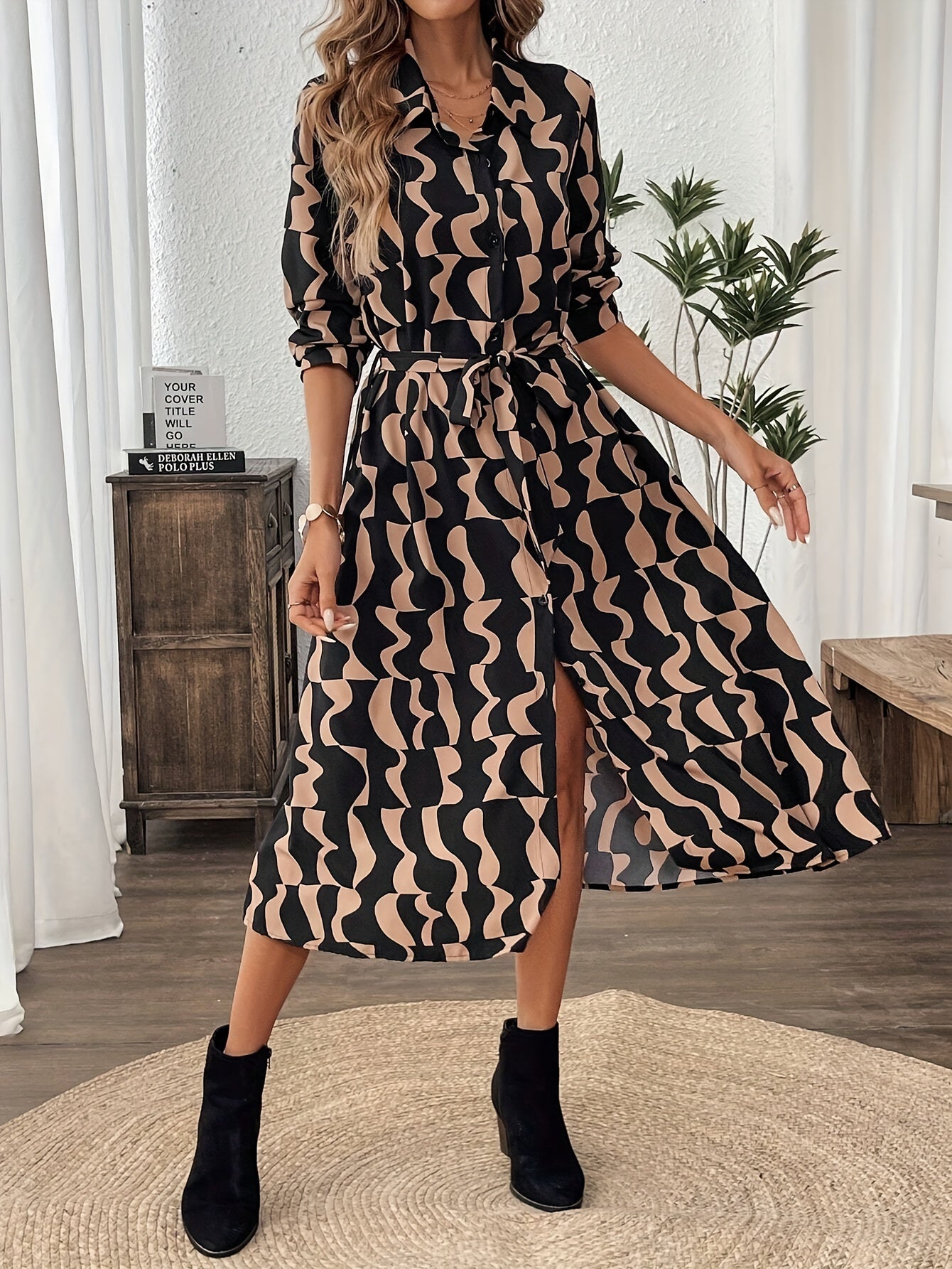 Allover Print Button-Front Shirt Dress – Elegant Long Sleeve Midi Dress for Women, Perfect for Spring & Fall