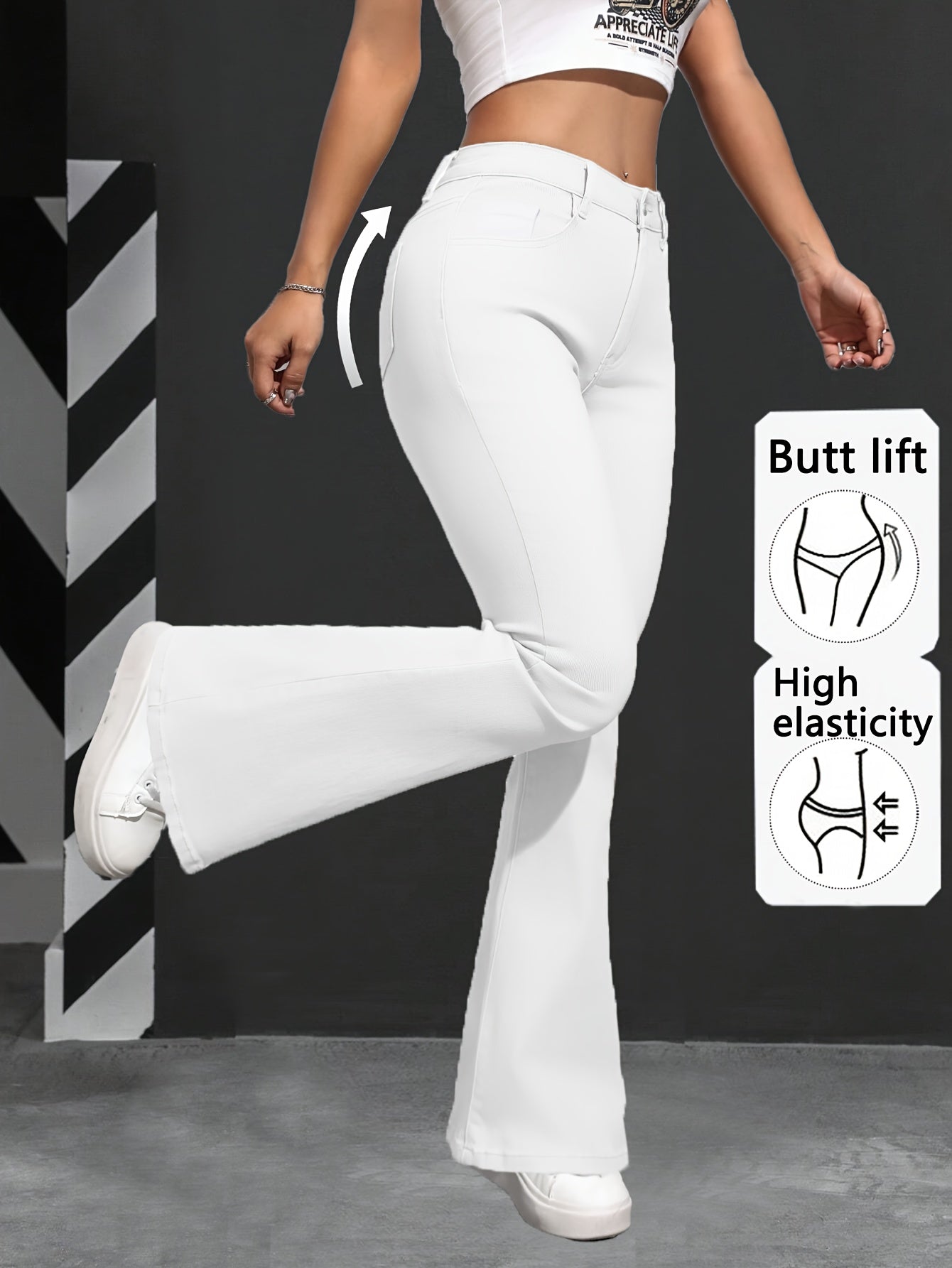 Elegant White Stretch Flare Jeans for Women - Cotton Blend, Button Closure, Non-See-Through, All-Season Wear