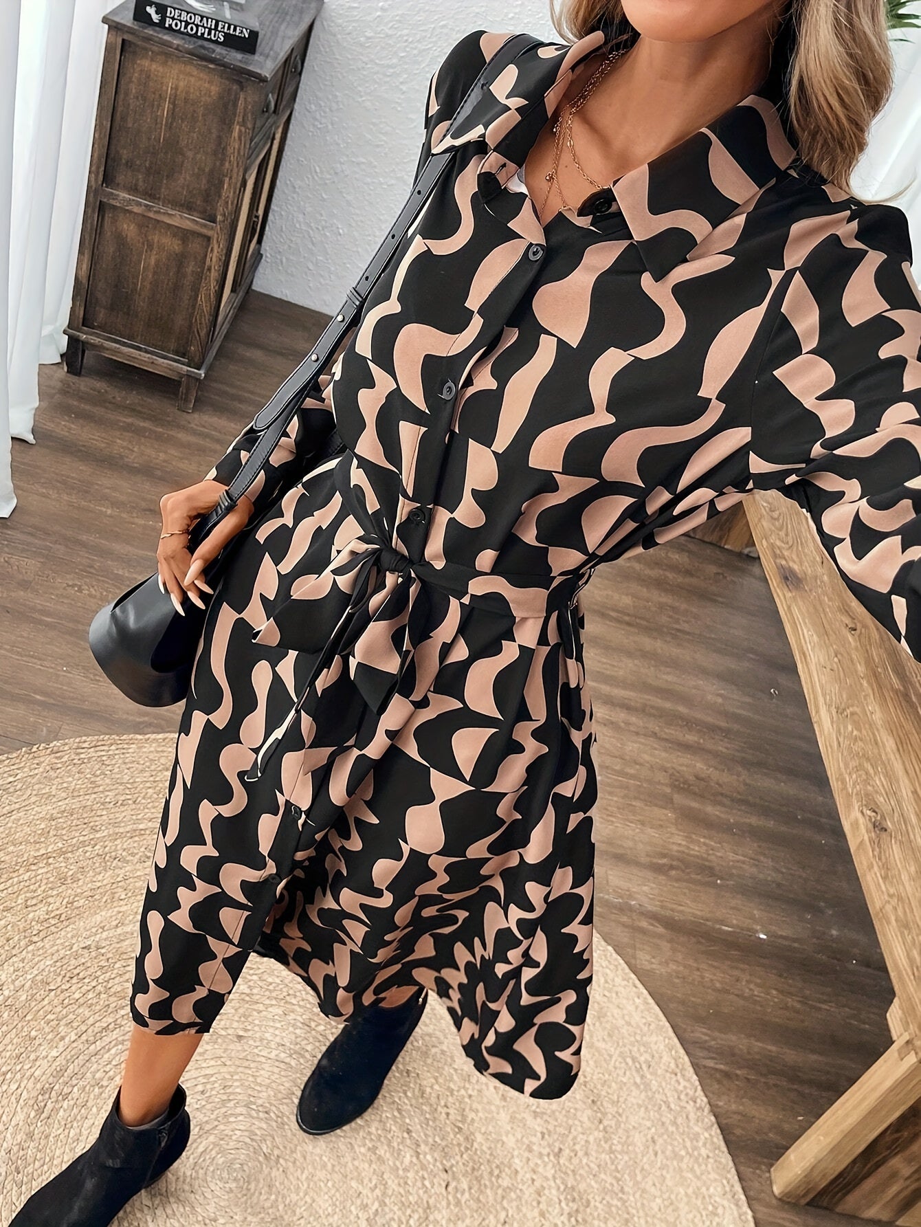 Allover Print Button-Front Shirt Dress – Elegant Long Sleeve Midi Dress for Women, Perfect for Spring & Fall