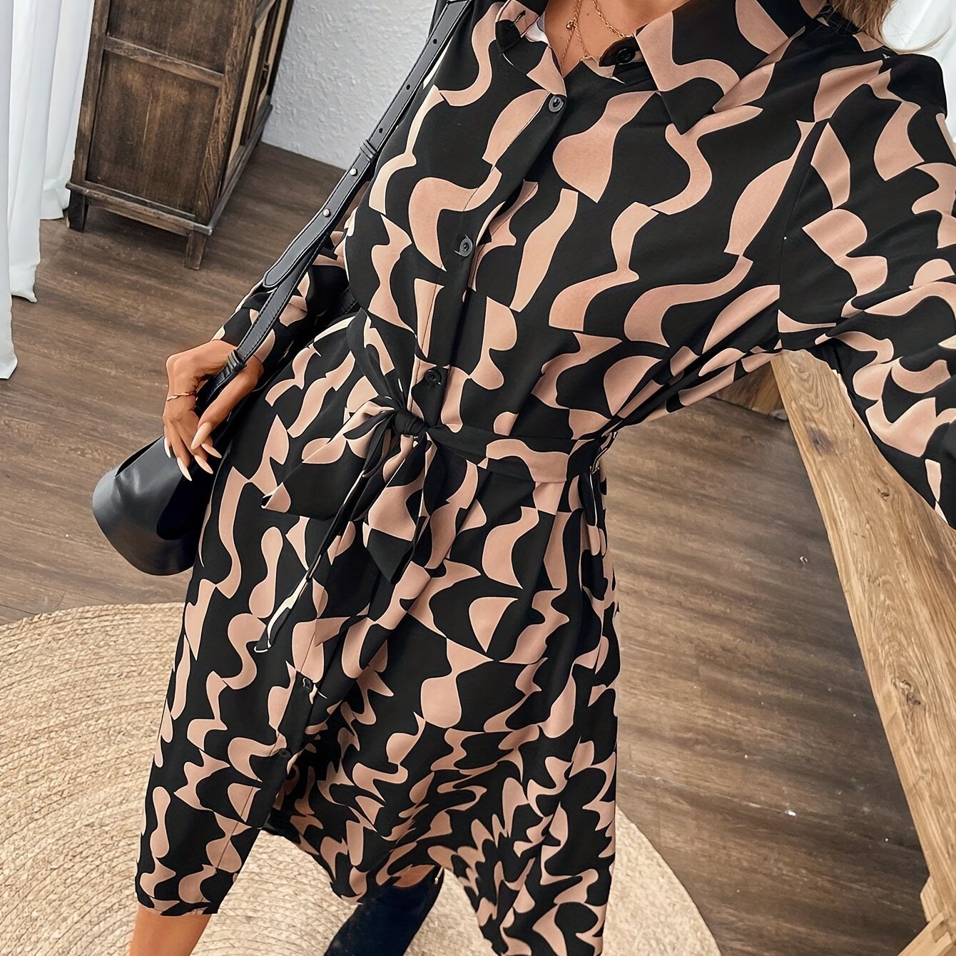 Allover Print Button-Front Shirt Dress – Elegant Long Sleeve Midi Dress for Women, Perfect for Spring & Fall