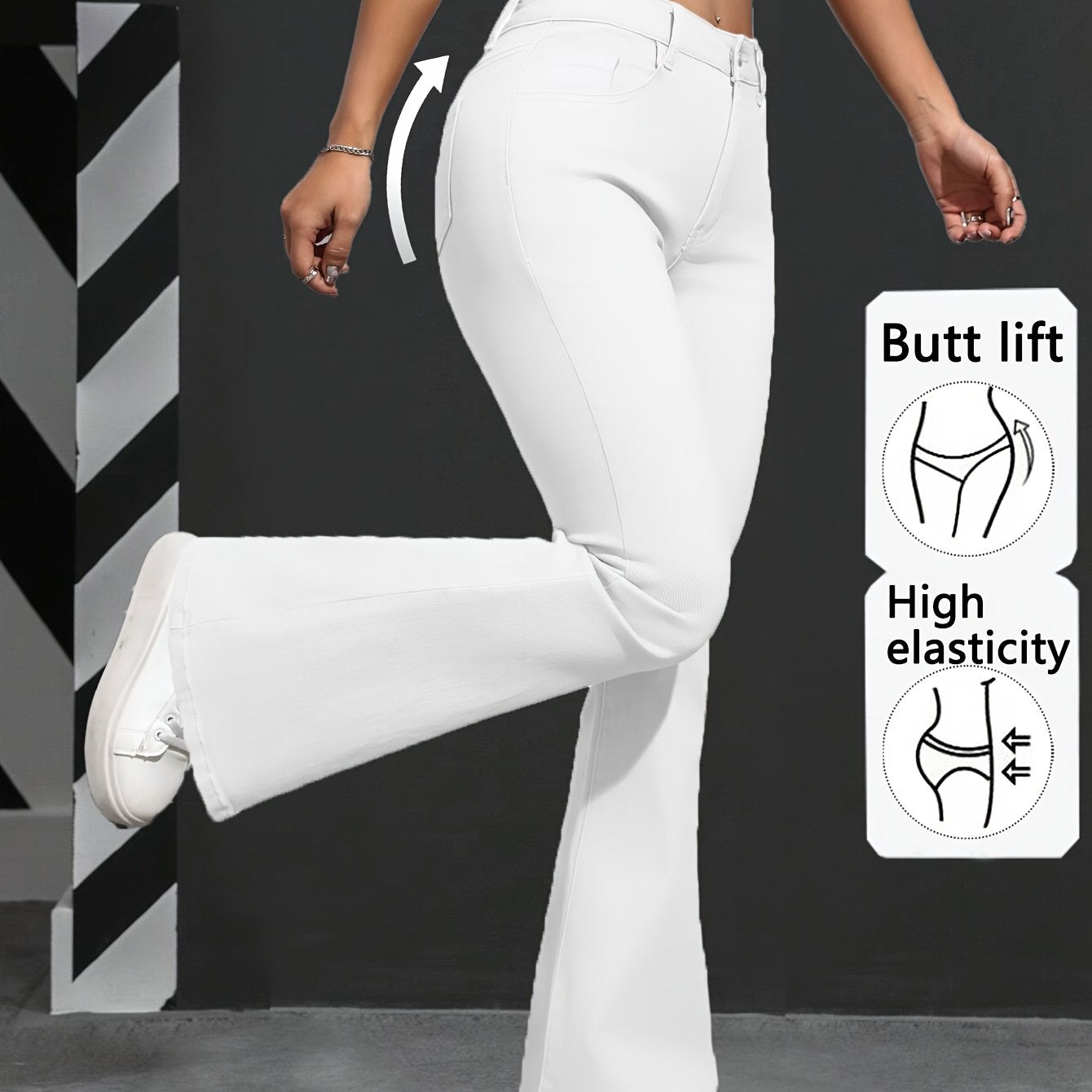 Elegant White Stretch Flare Jeans for Women - Cotton Blend, Button Closure, Non-See-Through, All-Season Wear